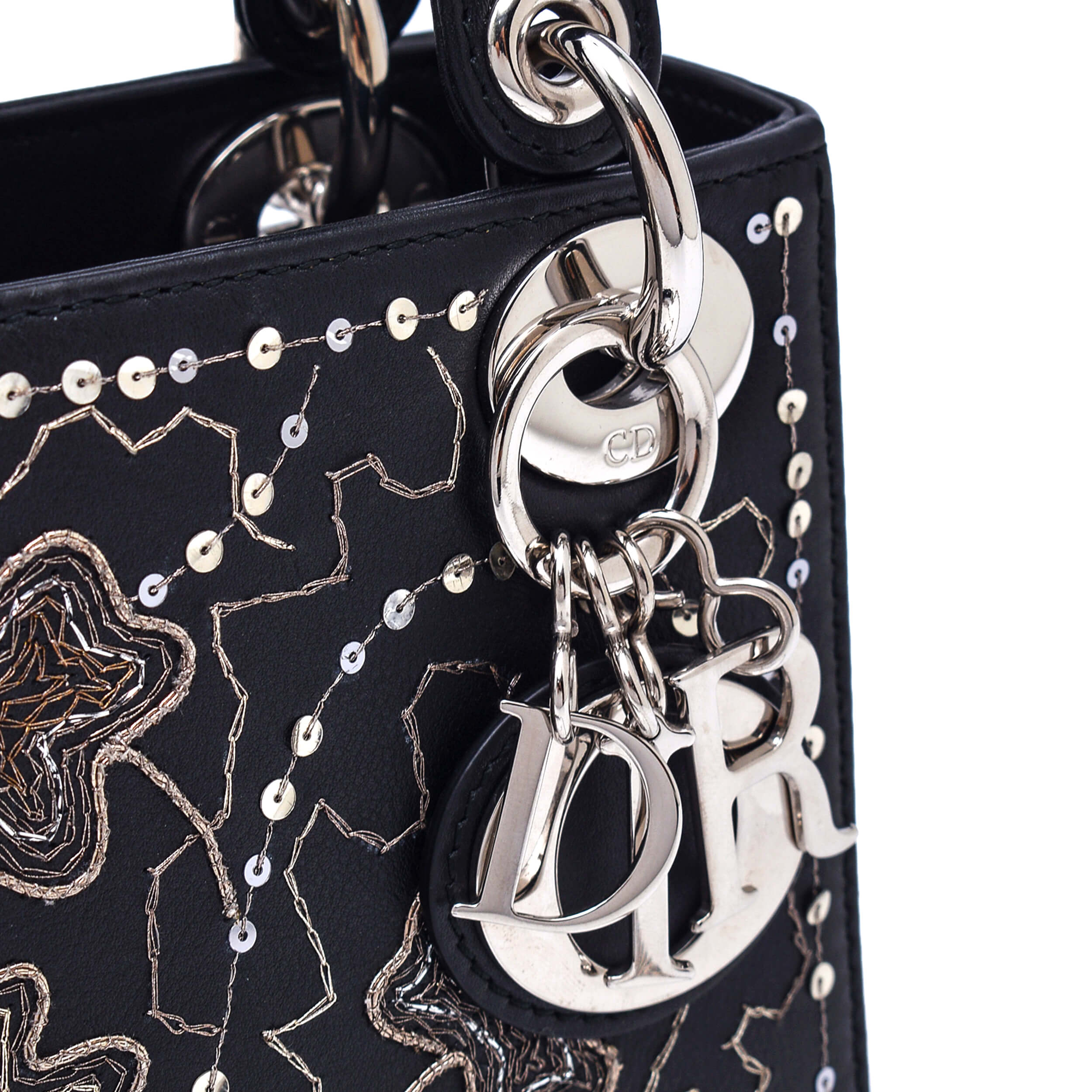 Christian Dior - Black&Sequin Floral Embroidered 2019 Collect Mini Lady Dior Bag with Chain Strap